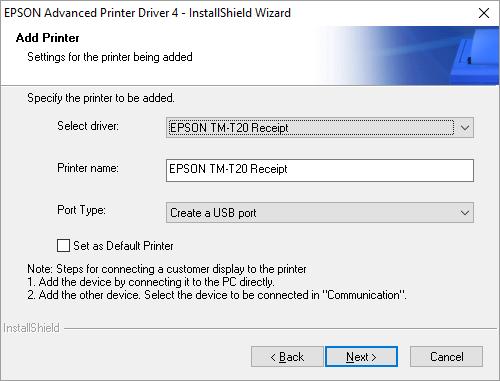 Select your printer, EPSON TM-T88V Receipt or EPSON TM-T20 Receipt, from the Select driver