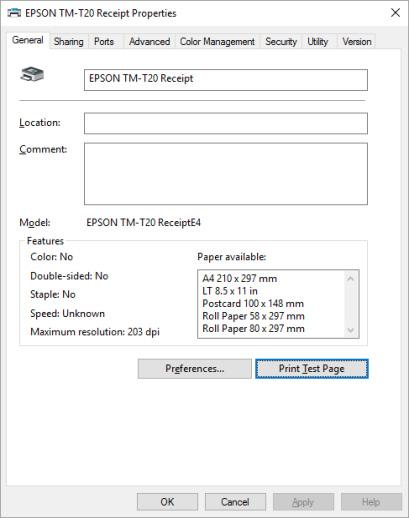 The EPSON TM-T88V/TM-T20 Receipt Properties dialog displays with the General tab highlighted: 4.