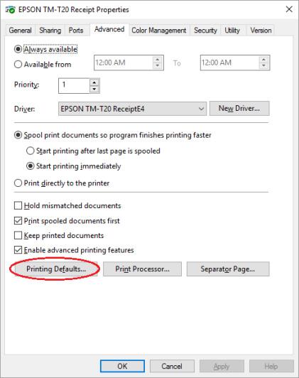 Configure Printing Defaults To configure your receipt printer default settings, follow these steps: 1.