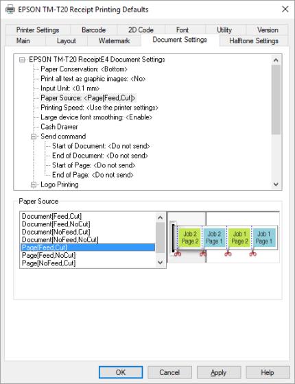 4. Click Paper Source in the list of settings and select Page[Feed,Cut] in the options below to instruct the printer to partially cut after the merchant copy and the customer copy of the receipt: