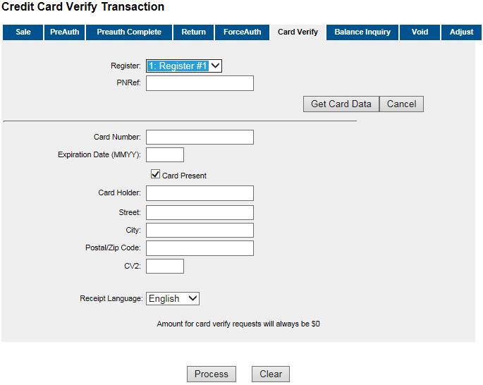 Credit Card EMV/Contactless Card Verify Transaction The card verify transaction is used to determine whether: Note: Note: the card is valid; the address and/or ZIP/postal code submitted matches the