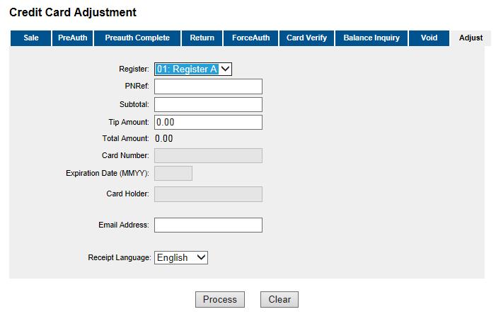 Credit Card Adjustment Transaction The adjustment transaction is used to change the tip amount on a previously authorized transaction.
