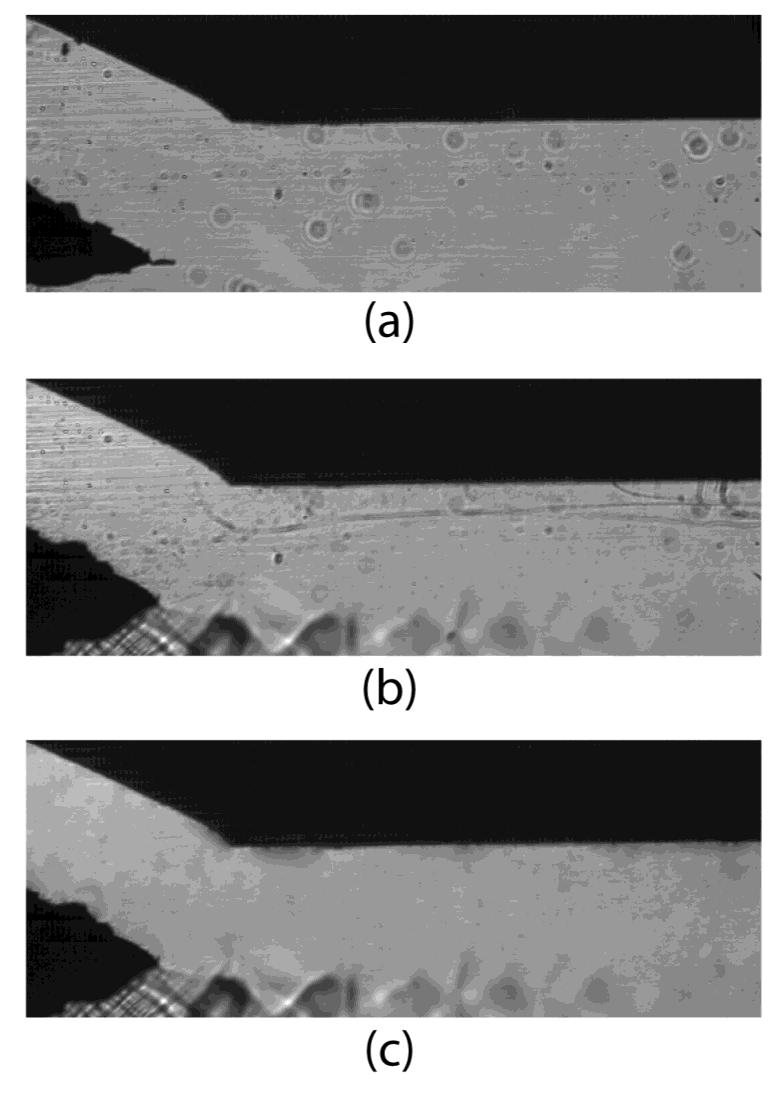 Figure 4.7: Sample set of ejector test section images showing (a) raw image with zero flow, (b) raw image with flow, and (c) corrected image with flow.