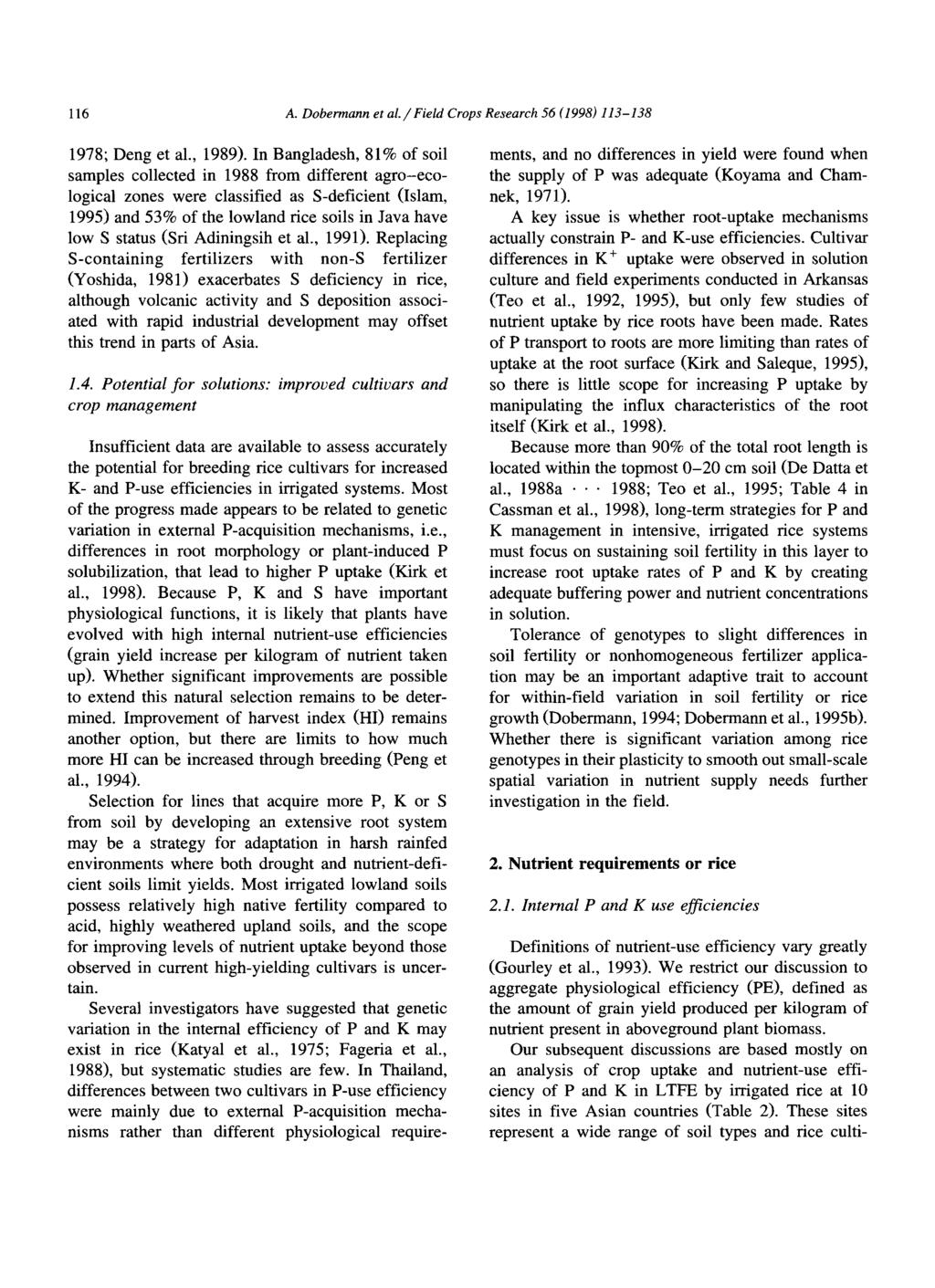 116 A. Dobermann et al. / Field Crops Research 56 (1998) 113-138 1978; Deng et al., 1989).