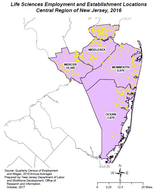 COUNTIES IN THE CENTRAL REGION The highlighted region to the left consists of Mercer, Middlesex, Monmouth, and Ocean Counties.