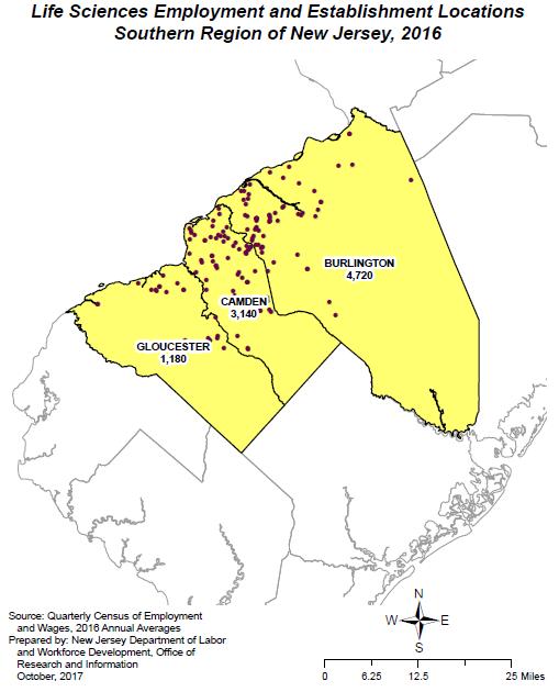 COUNTIES IN THE SOUTHERN REGION The highlighted region to the left consists of Burlington, Camden, and Gloucester Counties.