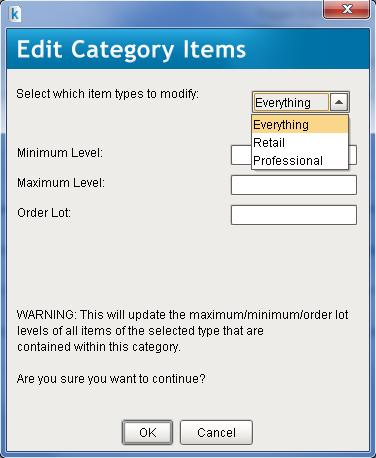 4) From the drop down menu next to Select which item types to modify, choose whether you want to modify the stock level s for all items in the category, or just the retail products or just the