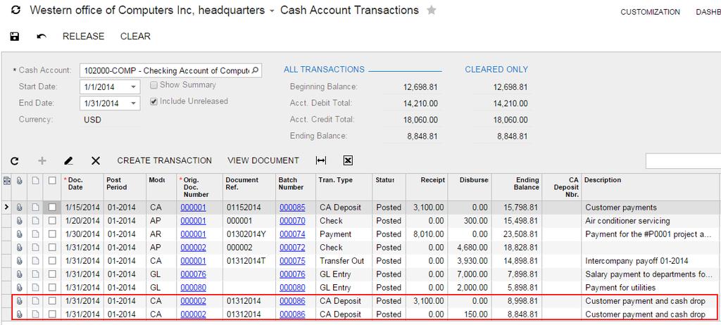 Figure: Cash Account Transactions for the 102000-COMP account after release of the second deposit Notice that for the second deposit, there is one CA Deposit transaction with the $2950 receipt
