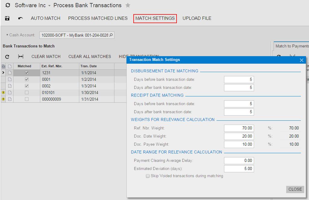 Comparison of Transactions by Factors and Match Relevance Calculation 124 Figure: Transaction Match Settings dialog box You can modify the match settings that apply to the current user session and