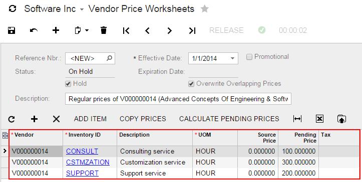 Lesson 20: Vendor Prices 140 1. On the Vendor Price Worksheets (AP202010; Finance > Accounts Payable > Work Area > Enter), add a new vendor price worksheet as follows: a. b.