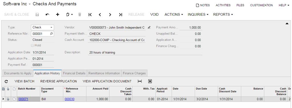 Lesson 21: 1099 Vendors 154 Figure: Payment for a 1099 vendor's bill not tracked for Form 1099-MISC 3.