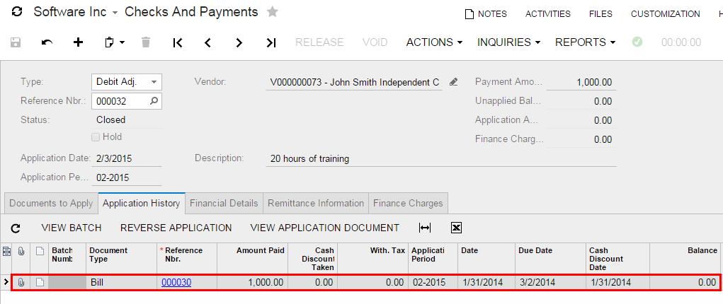 Review the Application History tab of the debit adjustment to make sure that bill has been reversed and closed (see the following screenshot).