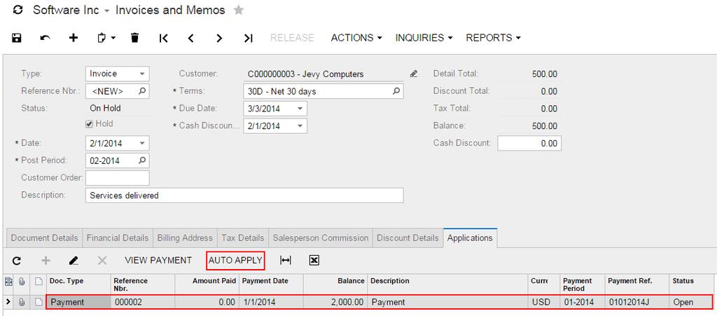 Lesson 22: Auto-Application of Payments 165 Figure: Payment that can be auto-applied to the invoice 3. Click Auto-Apply on the table toolbar.