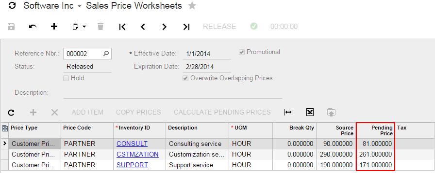 Review the pending prices that have been calculated (see the image below), and release the worksheet.