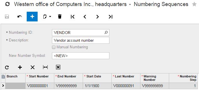 Lesson 28: Import of Vendors 223 Numbering ID: VENDOR Description: Vendor account number Manual Numbering: Cleared New Number Symbol: <NEW> Branch: Empty (to share the numbering sequence for records