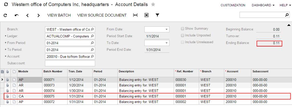 On the Account Details form (GL404000), review the balance of the 200010 account for