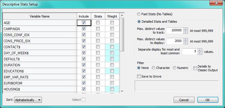 The Descriptive Stats dialog box will appear: 7) Check that Detailed Stats and Tables is selected along with all of the variables