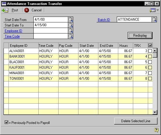 Chapter 16: Attendance Transaction Transfer and Log Use the Attendance Transaction Transfer window to transfer attendance transactions to Payroll batches and then view the transactions that were