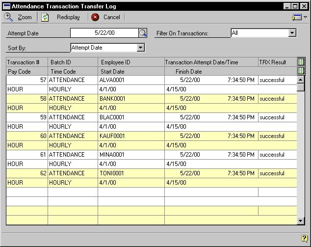CHAPTER 16 ATTENDANCE TRANSACTION TRANSFER AND LOG To view the attendance transaction transfer log: 1. Open the Attendance Transaction Transfer Log window.