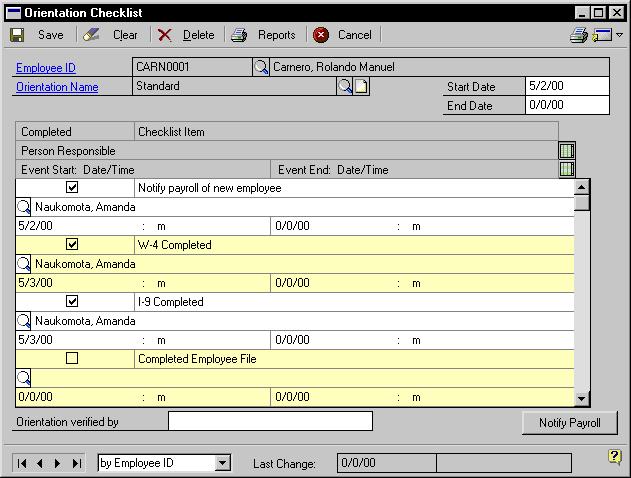PART 6 EMPLOYEE DEVELOPMENT To add an employee orientation record: 1. Open the Orientation Checklist window. (Cards >> Human Resources >> Employee >> Orientation) 2. Enter or select an employee ID. 3.