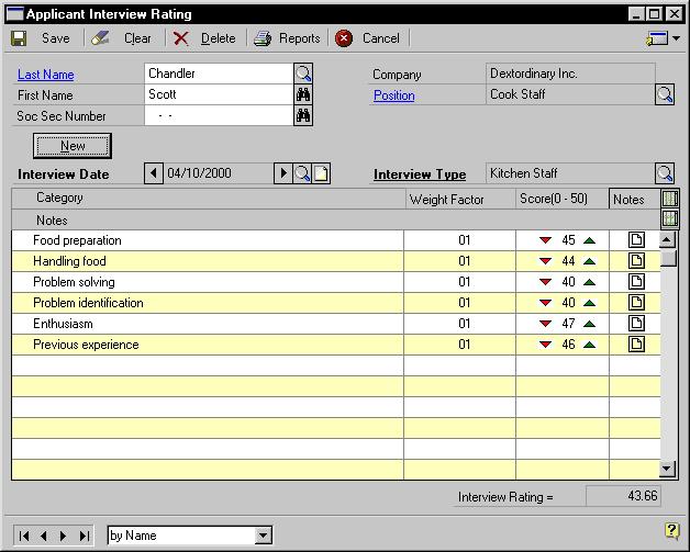 PART 1 APPLICANTS Adding an interview record To enter interview information, use the Applicant Interview Rating window. You can record the interview date, score and additional interview notes.
