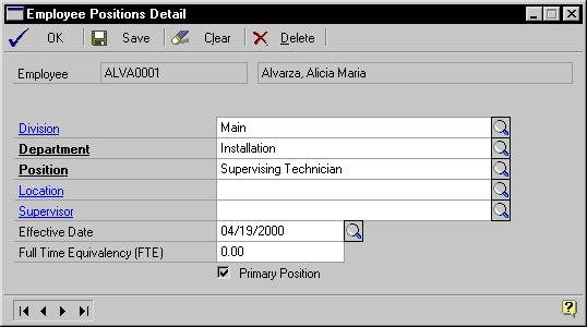 PART 2 EMPLOYEE MAINTENANCE 3. Choose New to open the Employee Positions Detail window. 4. Enter or select a division, department, position, location and supervisor for the employee. 5.