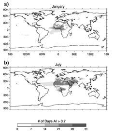 The Dust Belt Global distributions of dust and smoke: monthly frequency of occurrence of TOMS absorbing aerosol product over the period 1980 199.