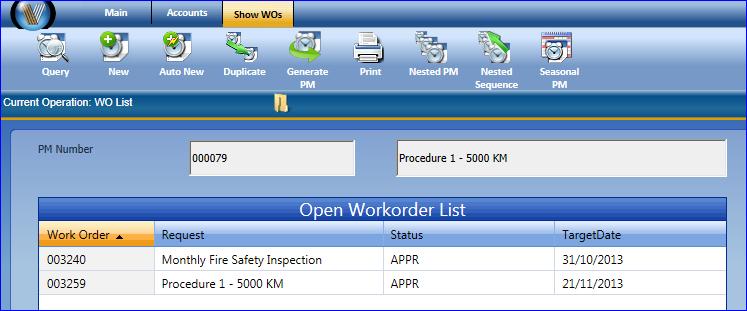3. A screen similar to the one shown here comes up, showing the currently open work orders and relevant information.