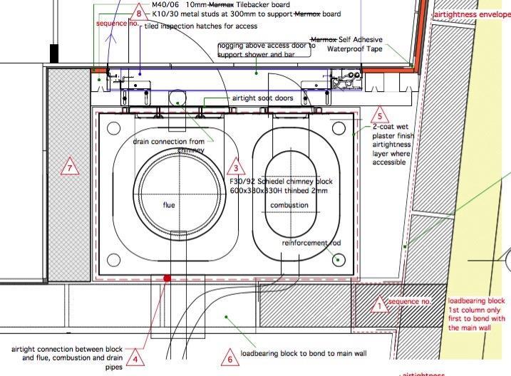 14. Heat supply Gas combi boiler to radiators. Wood burning stove RIKA Vitra Passive House with Passivhaus certified chimney system Schiedel Absolut Xpert (Drawing at the bottom this page.