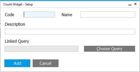 Procedure 1. From the SAP Business One, version for SAP HANA menu bar, choose Tools Cockpit Count Widget Setup. The Count Widget - Setup window appears. 2.