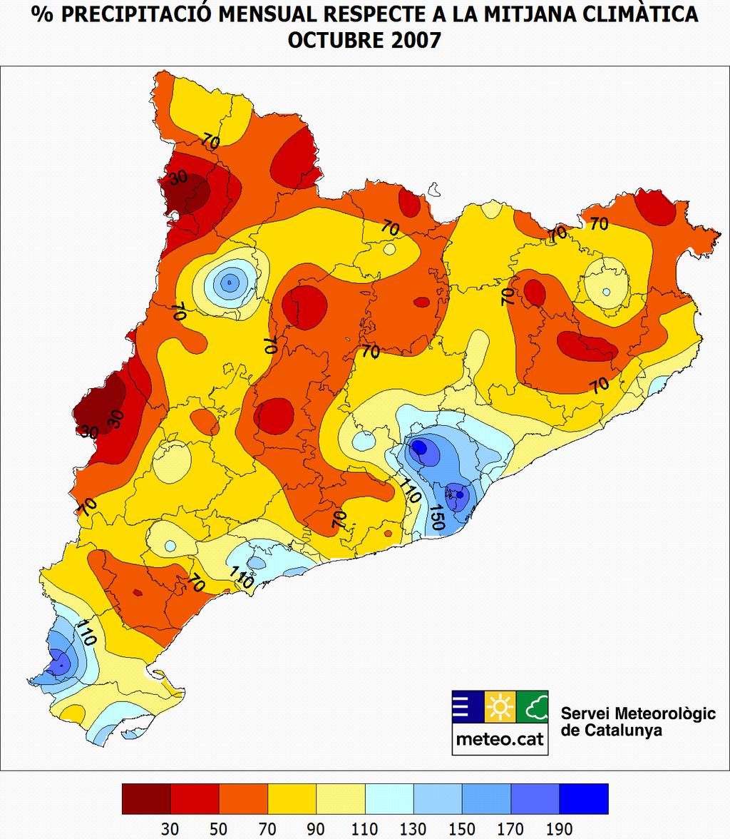 The 2007-2008 drought (I) Percentages of precipitation in Catalonia (NE Spain) in autumn 2007 compared to historical average: the warmer the colors, the