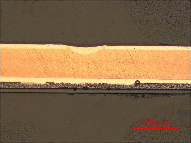 Figure 20 Micrograph of a weld cross-section Copper busbar to flexible solar cell module, representative of a good quality joint.