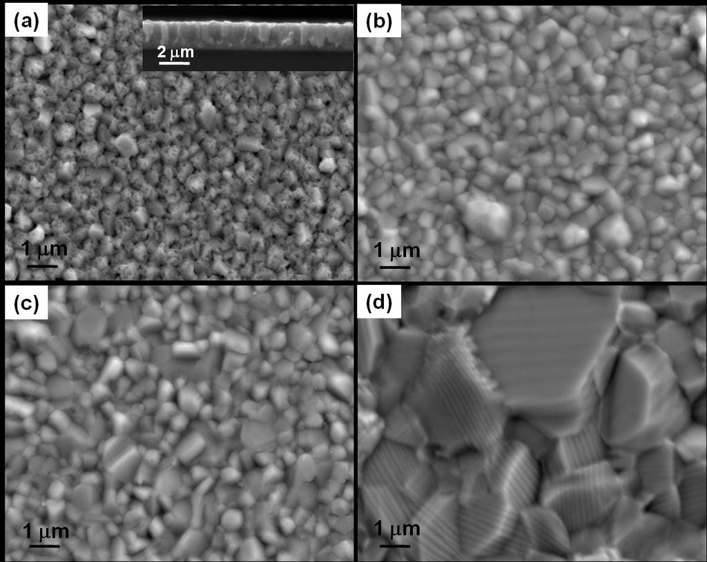 Chapter 3 Fabrication of NiMnGa thin films Fig. 3.3 SEM microstructure of NiMnGa thin films deposited on Si annealed at different temperature for 2 h (a) s-deposited; (b) 750 C ; (c) 800 C ; (d) 900 C Fig.