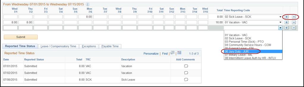 Absence Time Enter absence hours by the type of absence across the page, and indicate the type by selecting one of the available Time Reporting Codes: Description Code Special Notes Community Service
