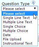 Review Job Application Question Details allows you to choose the type of question from a given list including text, date, choice questions, file upload, and instructional text; the last option is