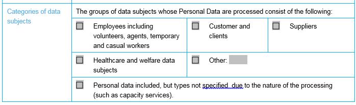 Processing Specification Form categories