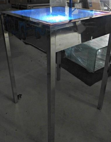 200 EACH BT01: Square Steel Bar table w/ glass top 1055H * 755W * 755L mm Stainless steel material with glass top & LED Light Wireless, 16 colours.