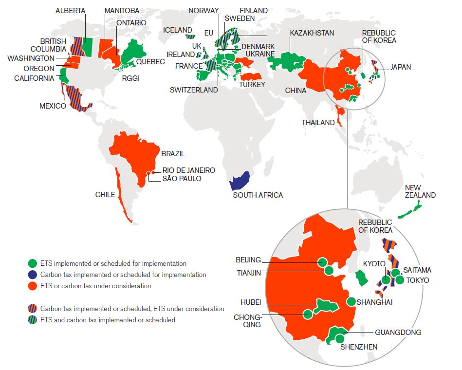POLICIES: Global spread of carbon pricing SOURCE: This map was taken from the State and Trends of Carbon Pricing report 2014, developed by the World Bank and Ecofys, and