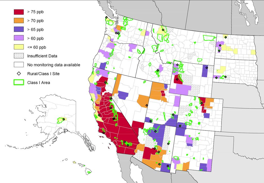 3-year Average 4 th Highest 8-Hour Ozone value by County 2007-2009 AQS Federal Reference Method
