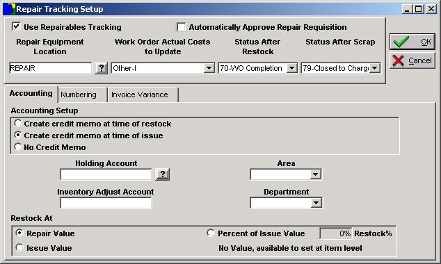 Repairables Repairables Update WO Status at Restock/Scrap Repair Tracking Setup -
