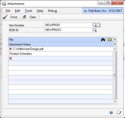 ETO from WilloWare Incorporated for Dynamics GP 25 Managing Attachments The Attachments Expansion button on Manufacturing Estimation opens the Attachments window.