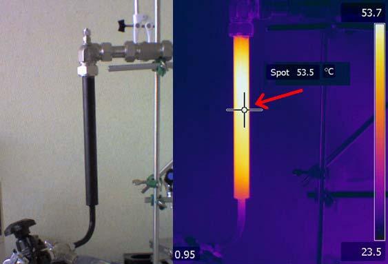A B Figure 4: Experimental Set-up (a) set-up, (b) close-up of reactor vessel (normal photograph and infrared photograph showing the reaction temperature for hydration of zeolite) Through the center