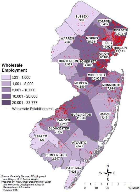 WHOLESALE TRADE Wholesale Trade Employment and Establishment Locations - New Jersey, 2016 New Jersey s top-ranking counties for wholesale trade employment are Bergen, Middlesex and Morris due in part