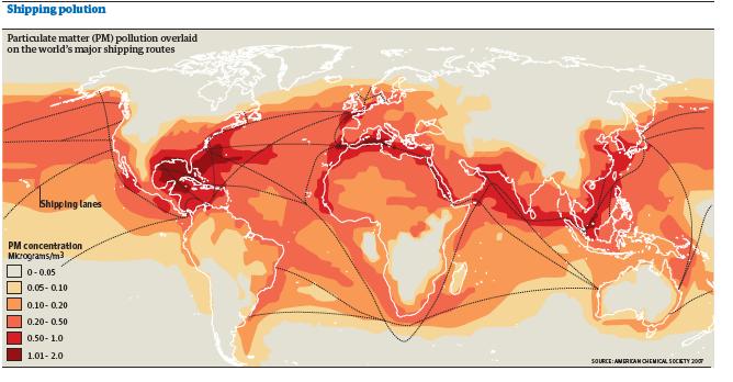 World Shipping Pollution on Major Routes Source: American Chemical Society 2007 World Shipping is estimated to contribute1.12bn tonnes of CO₂, or nearly 4.