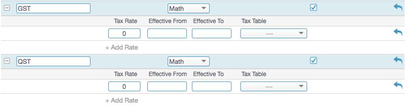 3. Click the "+Add Rate" option to add the GST tax rate. 4. Select "Math" as the rounding method. 5. Repeat steps 2-4 for the QST (Quebec Sales Tax).