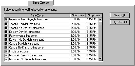 Time Zones Tab Use the Time Zones tab to select time zones that the Mosaix system uses to determine which phone numbers to call.