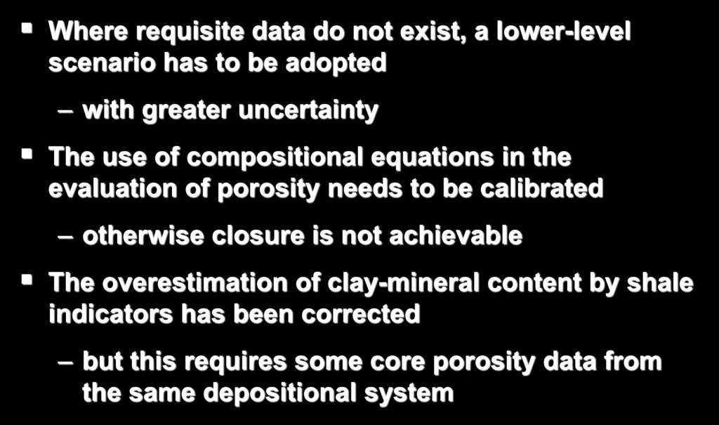 Conclusions Where requisite data do not exist, a lower-level scenario has to be adopted with greater uncertainty The use of compositional equations in the evaluation of porosity needs to be