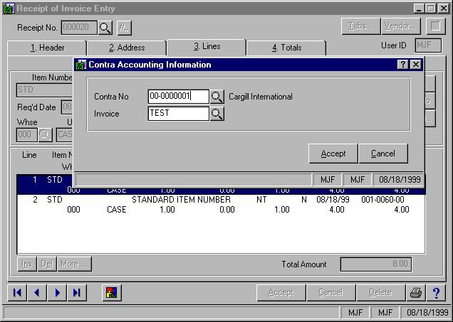 Figure 4 Receipt of Invoice/Accounts Payable Update When the Receipt of Invoice update is performed for a P/O line item referencing an Agency Account Number, a negative invoice (credit memo) is