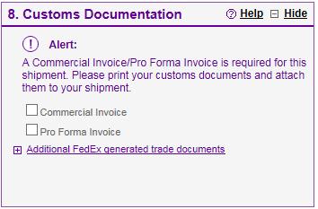 8. Customs Documentation Check the box Commercial Invoice for customs