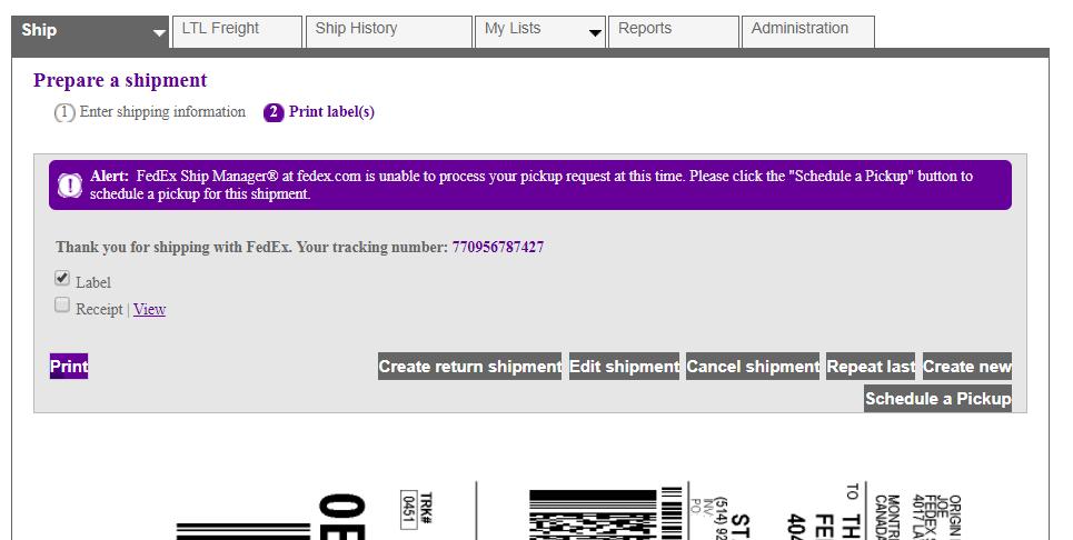 If you see this ALERT message at the top of your screen instead of your Confirmation Number then your pickup has NOT been scheduled. Email canadacustomerservice@fedex.